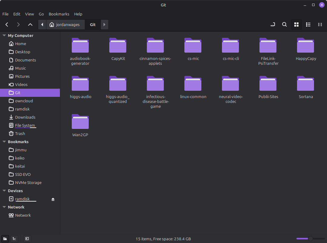 A screenshot of a dark-themed Linux file manager open to a folder named “Git” in the home directory. The main pane displays 15 purple project folders arranged in a grid, including “audiobook-generator,” “CapyKit,” “cinnamon-spices-applets,” “cs-mic,” “cs-mic-cli,” “FileLink-PsiTransfer,” “HappyCapy,” “higgs-audio,” “higgs-audio-quantized,” “infectious-disease-battle-game,” “linux-common,” “neural-video-codec,” “Publi-Sites,” “Sortana,” and “Wan2GP.” The left sidebar lists common locations, bookmarks, storage devices, and network access, with “Git” highlighted. The status bar indicates 15 items and 238.4 GB of free space.