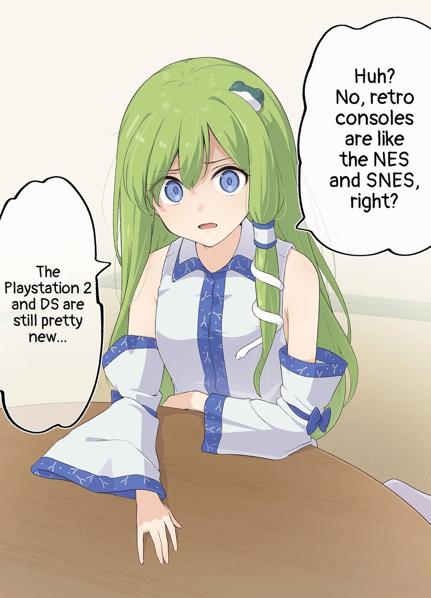 Sanae from Touho with a concerned expression says "Huh? No, retro consoles are nlike the NES and SNES, right? The Playstation 2 and DS are still pretty new..."