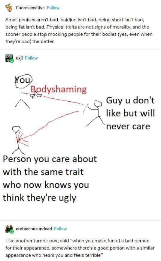screenshot of three tumblr posts explaining that bodyshaming as a way to insult one's enemies is bad because it causes innocent people to feel bad about themselves while not affecting the intended targets