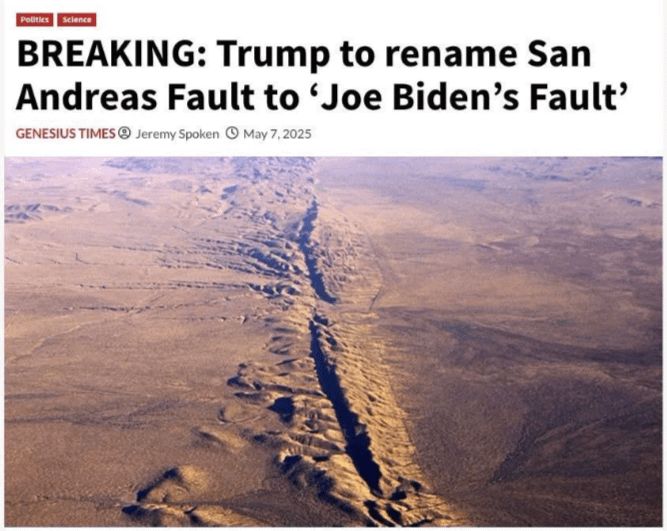 CNN fake article reading "BREAKING: Trump to rename San Andreas Fault to 'Joe Biden's Fault'"