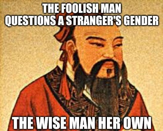Chinese Proverb meme: The foolish man questions a stranger's gender The wise man her own