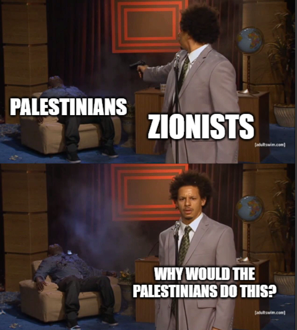 A man labeled "Zionists" shoots another labeled "Palestinians." The man then says "Why would the Palestinians do this?"